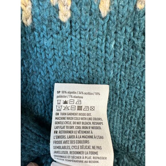 American Eagle Sweater Womens M Teal Blue Tan Mock Neck Fair Isle Knit Pullover - Picture 7 of 8